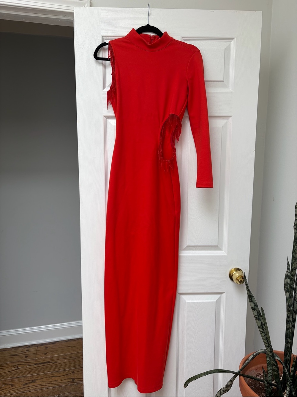 Staud Kirsten Red Long Sleeve Cutout Maxi Dress with Beaded Fringe